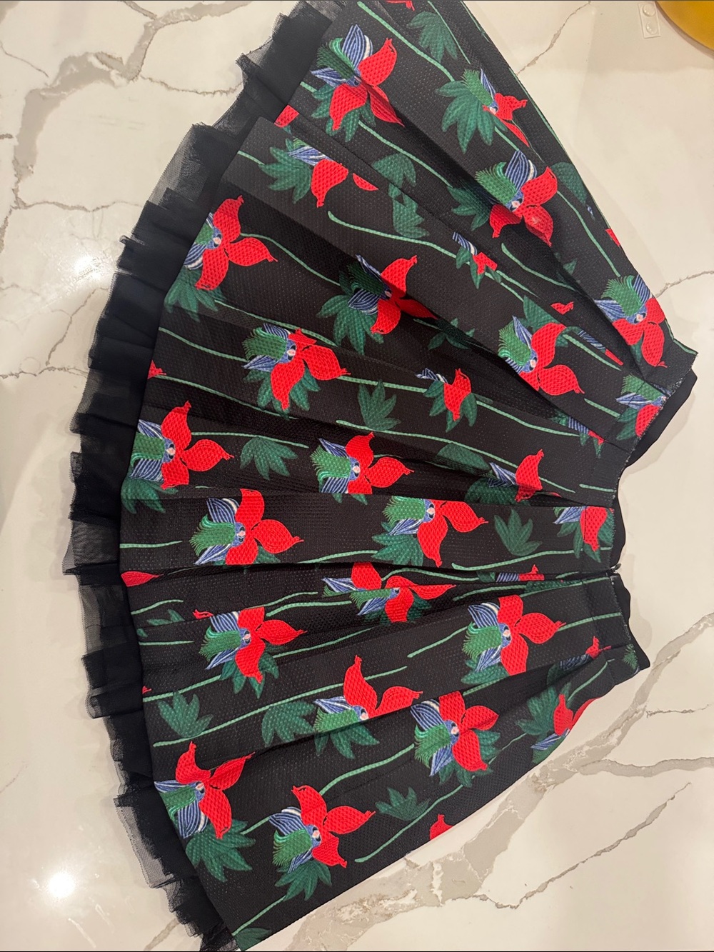 Black Floral Pleated Women's Skirt with Red Flowers